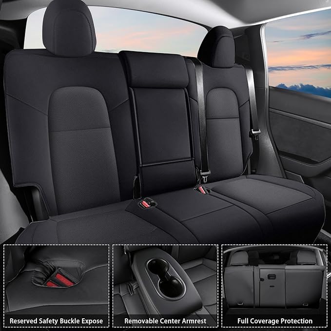 AOMSAZTO Car Seat Cover for Tesla Model Y 2020 2021 2022 2023 2024 2025 - Full Set Faux Leather Seat Covers (Black)