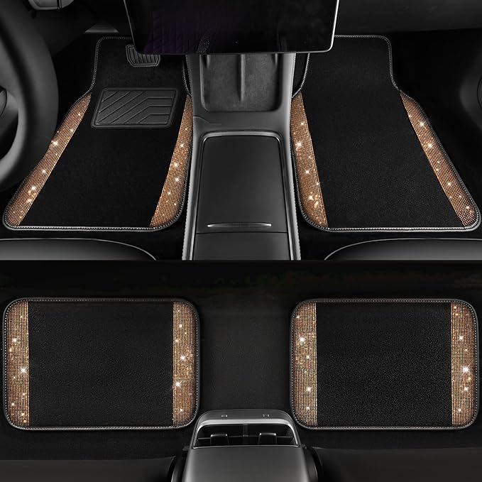 CAR PASS Bling Diamond Car Floor Mats, Shining Rhinestone Carpet Sparkly Glitter Crystal with Anti-Slip PVC Heel Pad Waterproof Universal Fit Automotive SUV,Sedan,Van,Cute Girl Women,4pcs Golden