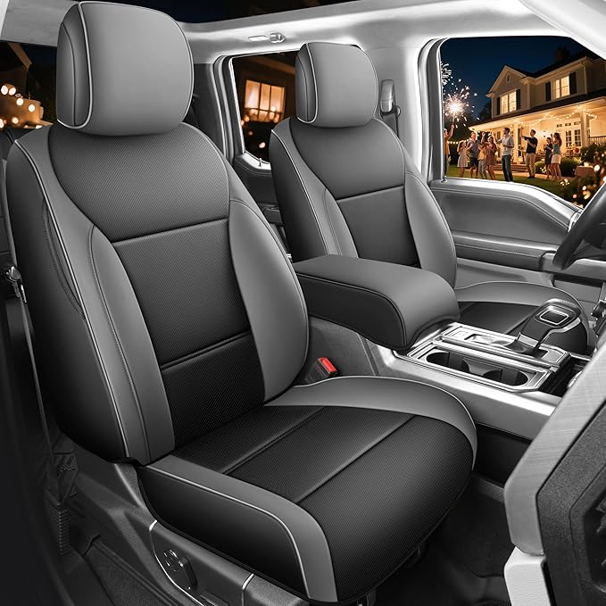 Red Rain Leather F150 Seat Covers Custom Fit for Ford F150 SuperCrew/CrewCab 2015 to 2025 XL XLT STX Pickup Truck Black and Gray Seat Cushion Cover Full Set (F150-Black+Gray)