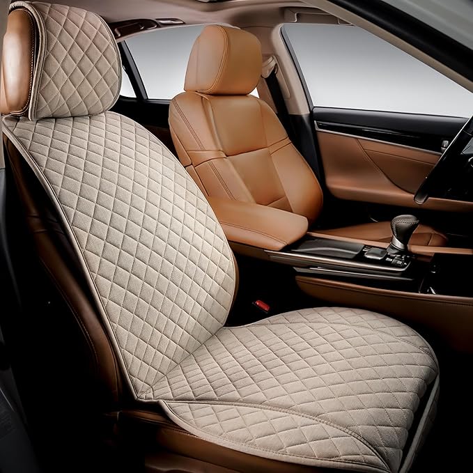 IVICY Faux Linen Front Car Seat Cover – Durable, Non-Slip Seat Protector for Cars – 1 Unit, Light Beige