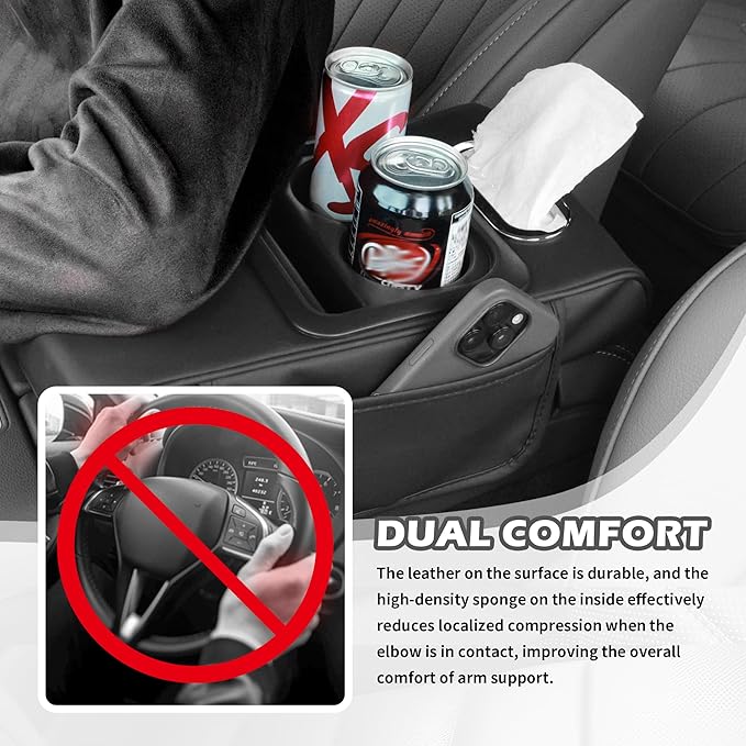 4 in 1 Center Console Cover,Multifunctional Car Armrest Storage Box with Cup Holder& Phone Holder& Car Tissue Holder,7.68 * 13.98" Arm Rest Cover for Cars with 2 Side Pockets