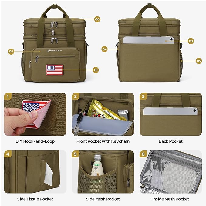Maelstrom Lunch Box, 23L Insulated Lunch Bag, Expandable Double Deck Cooler Bag, Lightweight Leakproof Tote Bag With Side Tissue Pocket, Suit For Men and Women (H Khaki with DIY Hook-and-Loop)