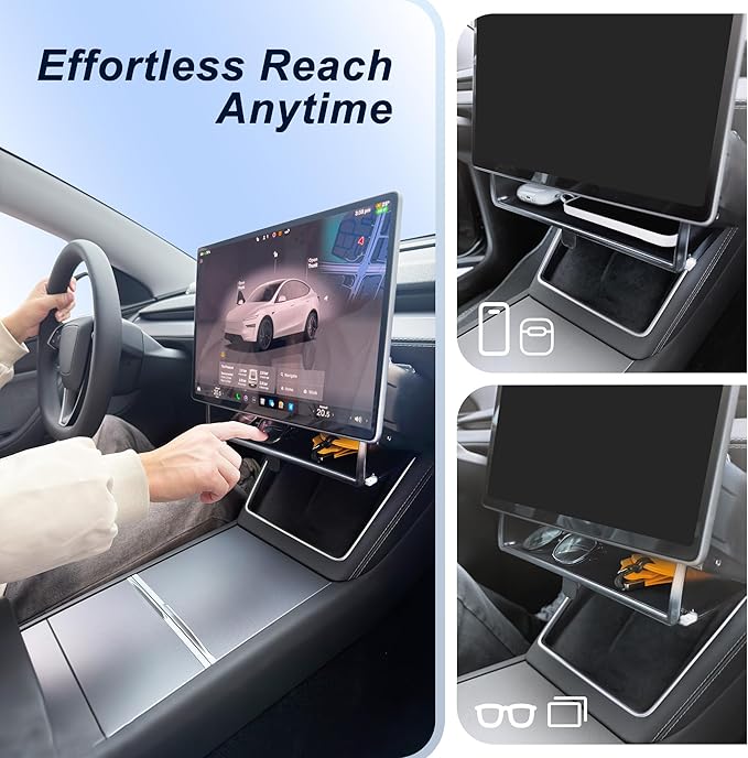 Hidden Under Screen Storage Box for Tesla Model Y(2025-2026) & Model 3 (2024-2026) – Openable Center Console Organizer with Anti-Slip Pad, Tesla Accessories
