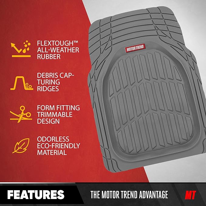 Motor Trend FlexTough 4-Piece Heavy Duty Floor Mats for Cars Trucks SUVs, Automotive Floor Mats Car Mats Full Set Front, Rear & Cargo, Trim-To-Fit Semi-Custom Deep Dish All Weather Rubber Mats - Gray