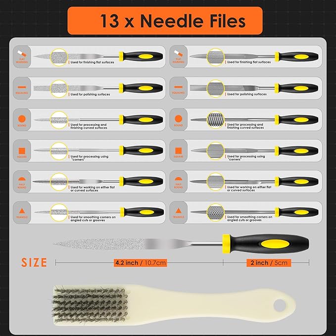 Small File Set, Needle Diamond File 13PCS, 6pcs Jewlers Files & 6pcs Steel Files Precision Metal Work, Woodworking, Plastic Carving Tool with Steel Brush and Carry Case