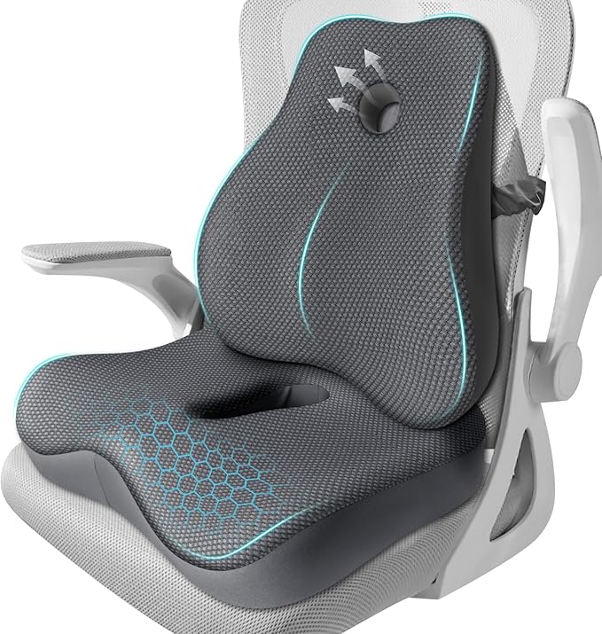 Seat Cushion,Lumbar Support Pillow for Office Chair,Memory Foam Coccyx Seat Cushion,Ergonomic Mesh Back Support Pillow,Office Desk Chair Cushion for Sciatica,Back&Tailbone Pain Relief,Grey