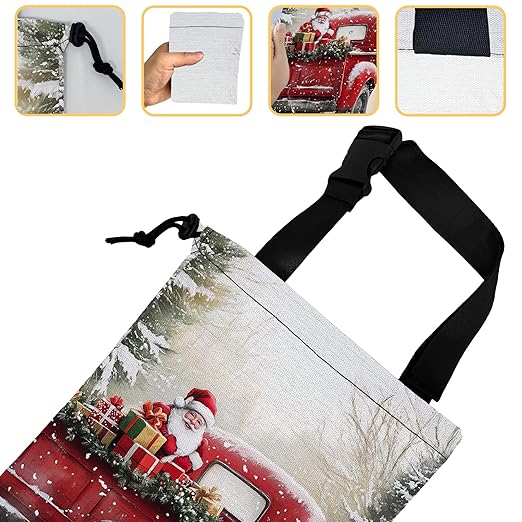 Santa Claus on Red Truck Car Trash Bag, Hanging Drawstring Car Garbage Bag,Canvas Car Back Seat Organizer with Adjustable Buckle for Men and Women