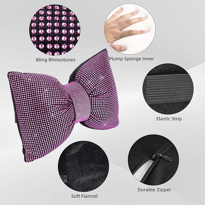 2 PCS Bling Car Pillows,Rhinestones Bowknot Car Headrest Pillow,Car Neck Pillow for Driver Relax Necksupport,Sleeping Travel Support Neck Pillow,Shiny Diamond Interior Accessories for Women,Pink
