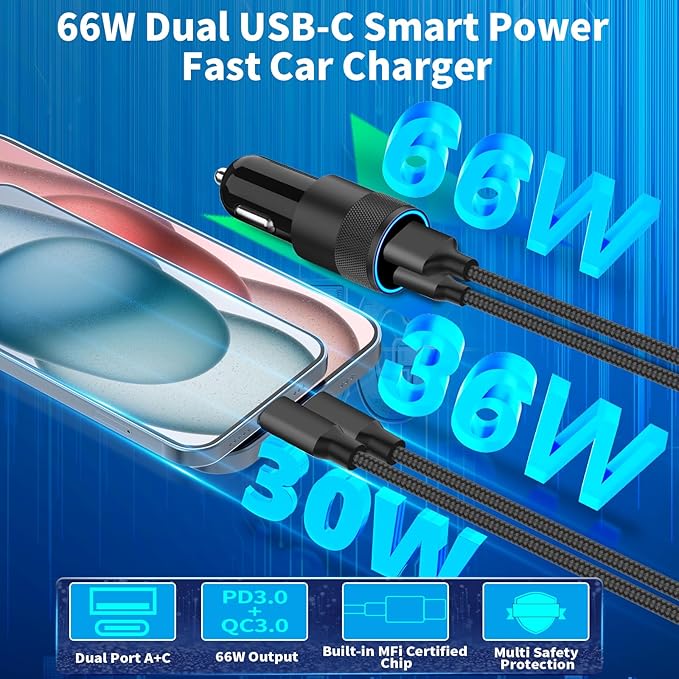 [Apple MFi Certified] iPhone 17 Car Charger Fast Charging, Braveridge 2Pack 75W USB-C PD&QC Power Cigarette Lighter + Type-C Braided Cable for iPhone 17/17 Air/17 Pro/17 Pro Max/16 Pro/15/Galaxy/Pixel