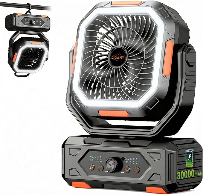 OGERY Camping Fan, Portable Fan Rechargeable with 30000mAh Battery, Stepless Speed Control, Fast Charging, Remote & LED Lantern for Tent, Travel, Car Camping, Camping Essentials