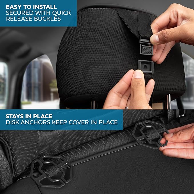 Cat® Edge Deluxe Faux Leather Car Seat Covers – Full Set (2 Front + 1 Rear Bench) – Semi-Custom Universal Fit, Two-Tone Black – Rugged Automotive Interior Covers for Cars, Trucks & SUVs