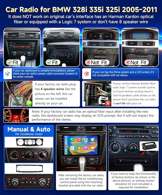 VQU 4G+64G Car Radio for BMW 3 Series 328i 335i 325i 2005-2011 Apple CarPlay Android Auto, 9 Inch IPS Touchscreen for 128i Stereo for BMW E90/E91/E92/E93 GPS Navi FM DSP SWC BT Rear Camera, No Fiber