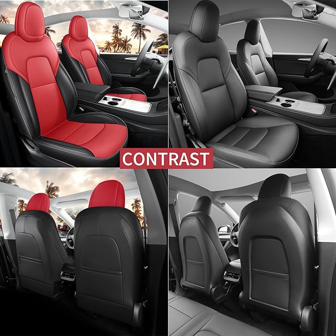 Tesla Model Y Seat Cover 2020-2024 Waterproof Nappa Leather Seat Cover Fully Wrapped (TY-Red+Black)
