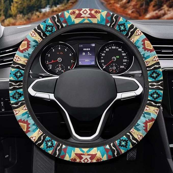 SEANATIVE Universal 15 inch Auto Car Steering Wheel Cover Aztec Turquoise Print Neoprene Car Steering Wheel Protector Cover fit Most Van Truck SUV