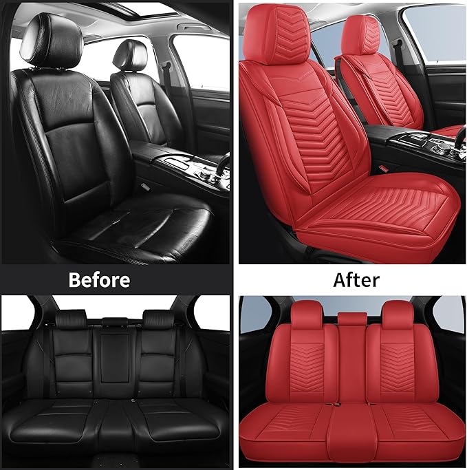 Nappa Leather Car Seat Covers Full Set, Red Car seat Protector 5 Seats, Waterproof Car Seat Cushion, Universal Automotive Seat Covers Fit for SUV Truck Pick-up Sedan, Front and Rear