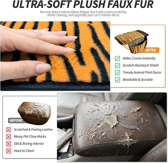 Plush Tiger Print Car Center Console Cover with Side Pockets, Fluffy Armrest Cushion Pad,Soft Car Interior Decorations Accessories with Storage for Women,Universal Fit for Vehicles SUV Truck