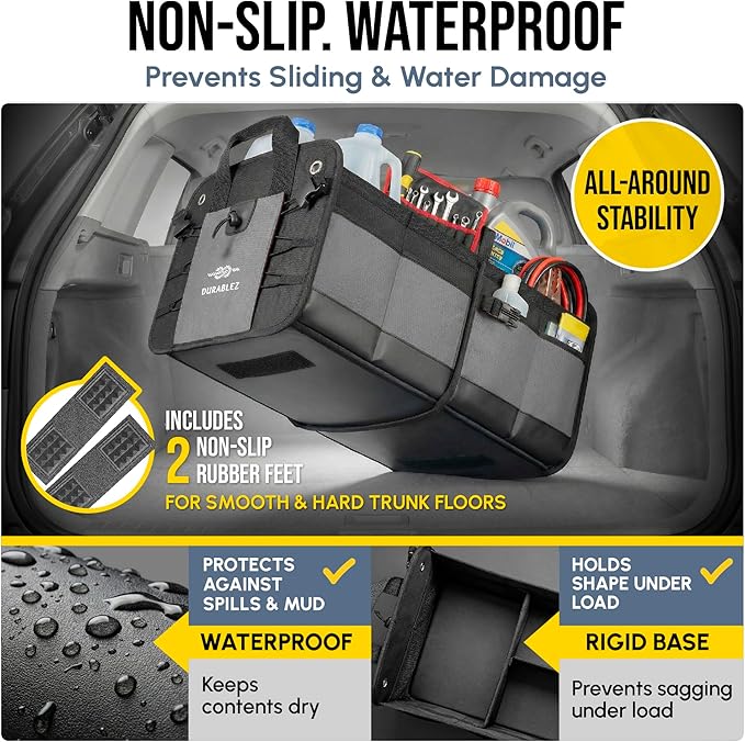 Compact Car Trunk Organizer 2-Section – Grocery, Tools, Cleaning Supplies Storage – Foldable Dual-Compartment Cargo Bin with Cover Net – Gray