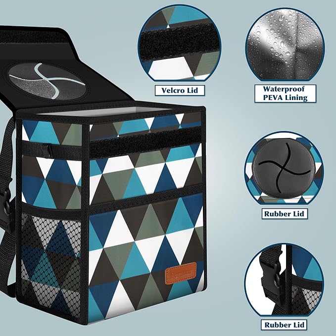 Femuar Car Trash Can with Lid - Leak Proof, Waterproof, Multipurpose Car Hanging for Headrest, Collapsible and Portable with Storage Mesh Pocket, Triangle