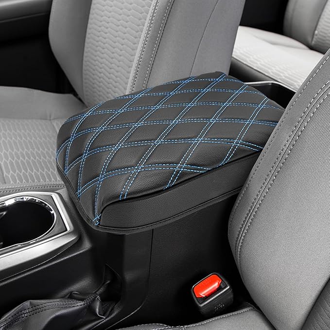 Center Console Armrest Cover for Toyota Tacoma 2016-2023, Middle Console Cushion Pad, Arm Rest Lid Covering, Vinyl Leather Interior Accessories, Black-Blue Stitches