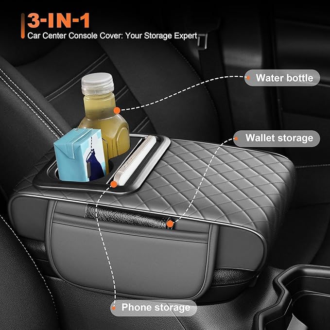 Center Console Cover Fit for Kia Forte 2010-2024 with 2 Storage Bags Waterproof Leather Quilted Pattern Car Armrest Cover Cushion Elevating Pad Anti-Slip(Grey)