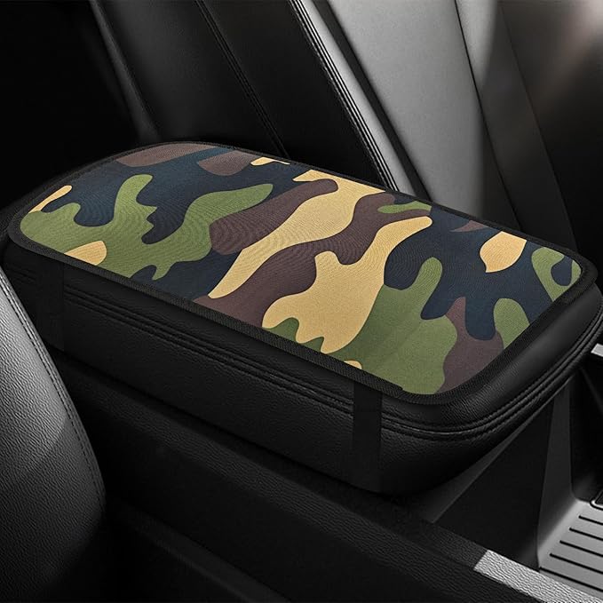 Leopard Cheetah Print African Animal Hunting Auto Center Console Armrest Pad, Car Center Console Cover, Auto Accessories Soft Comfort Armrest Cover Cushion Mat for Most Cars (Green Camouflage)