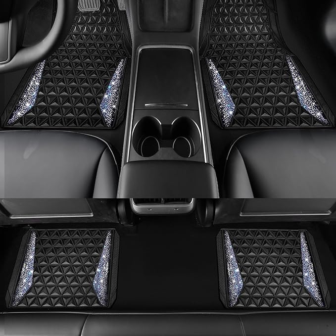 CAR PASS Dazzle Colour Change Car Mats Diamond Floor Mats Full Set Anti-Slip 3D Rhombus Waterproof Universal Trim Fit Liner Glitter Crystal Sparkly Shining Rhinestone Girl Women SUV Sedan Van Colorful