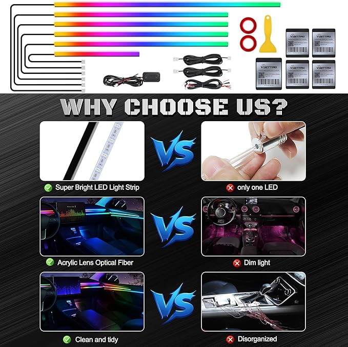 Dreamcolor Acrylic Interior Car LED Strip Light with Wireless APP, RGB 6 in 1 with 175 inches 593 LEDs Fiber Optic Strip Lights for Car, Music Sync Neon Car Ambient Neon Lighting Kits