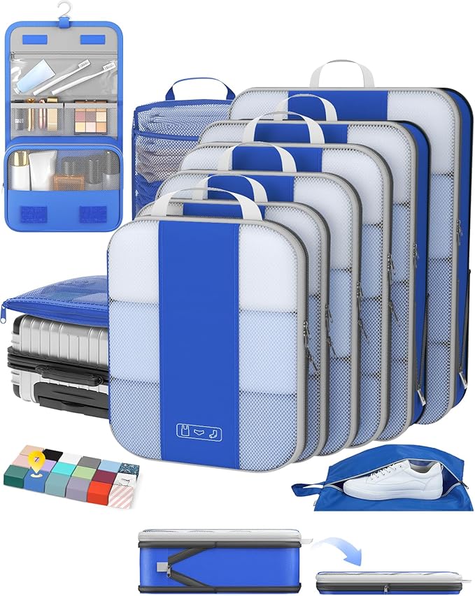 10 Set Compression Packing Cubes for Travel Essentials,Compressible Expandable Packing Cubes for Suitcase,OlarHike Luggage Organizer Bags for Travel,Handy Helper for Organizing Clothes(Klein Blue)