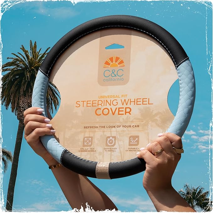BDK C&C California Car Steering Wheel Cover Blue Diamond Quilt, Non Slip Leather Steering Wheel Cover for Women Men, Cute Comfortable Soft Easy Installation Universal Fit (Fits 14.5"-15.5" Inches)