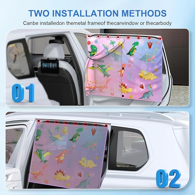 Car Window Shades with 8 Magnets-26.8"x19.7" Car Rear/Side Window Sunshade for Baby Semi-Transparent 2-in-1 Universal Auto Sun Shade for Kid & Pet Protection (2 Pack) Dinosaur Cartoon