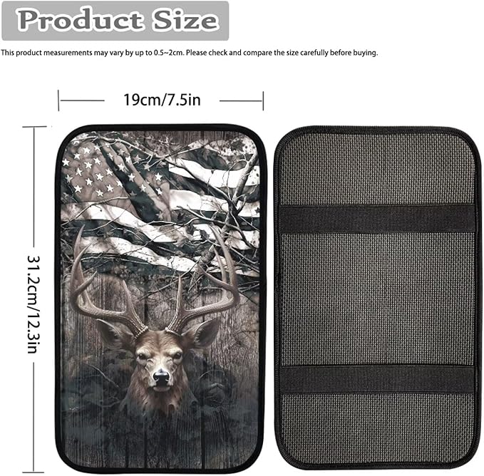Retro Deer Camo US Flag Print Center Console Armrest Cover for Car,Hunting Deer Auto Interior Accessories for Men
