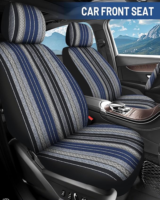 Baja Saddle Blanket Car Seat Covers Front Set with Seat Belt Pads, Washable Breathable Striped Woven Cloth Seat Covers for Cars, SUV, Truck, Airbag Compatible(Blue)