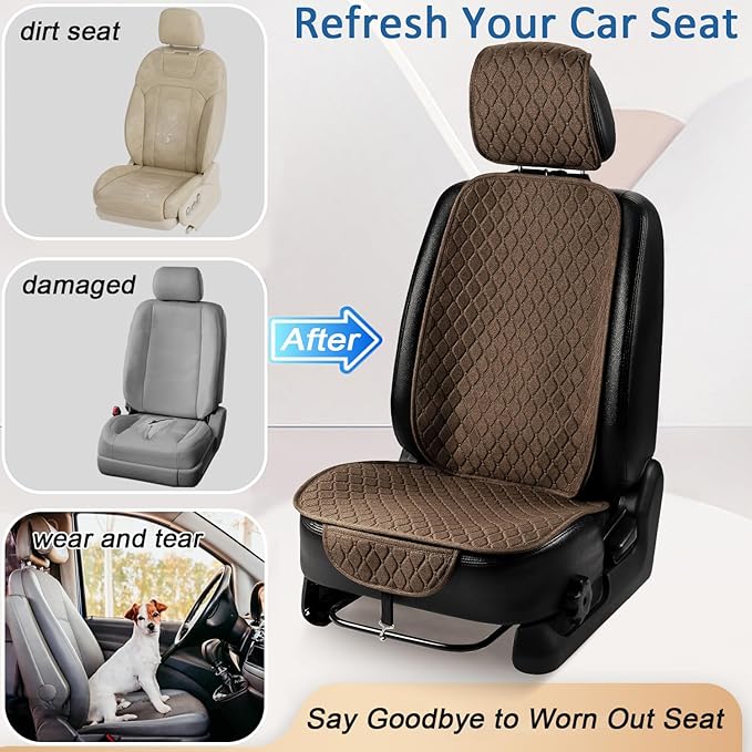 1 Pack Linen Car Seat Cover Front Seat Covers Soft & Breathable Front Premium Covers with Non-Slip Protector Universal Fits Most Automotive, Vans, SUVs, Trucks (1Pack Brown)