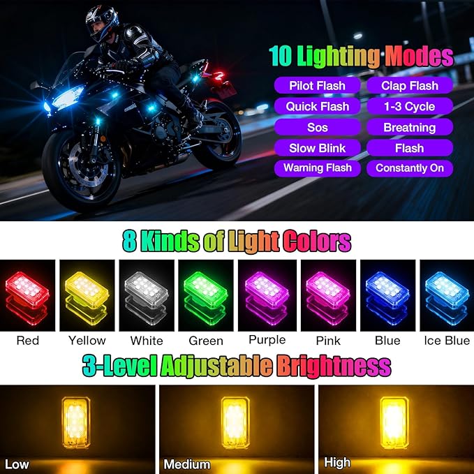 2026 Upgraded 11LEDs Wireless LED Strobe Lights, Ultra Bright 8 Colors Aircraft Strobe Lights with Remote, IP65 Waterproof Anti-Collision Warning Light for Motorcycle Bike Car Drone RV - 4PCS