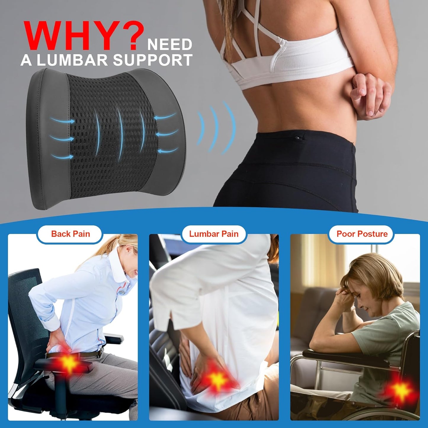 Memory Foam Lumbar Support Cushion Relieves Lower Back Pain Car Seat Office Chair and Wheelchair Back Pillow with Breathable 4D Mesh Black