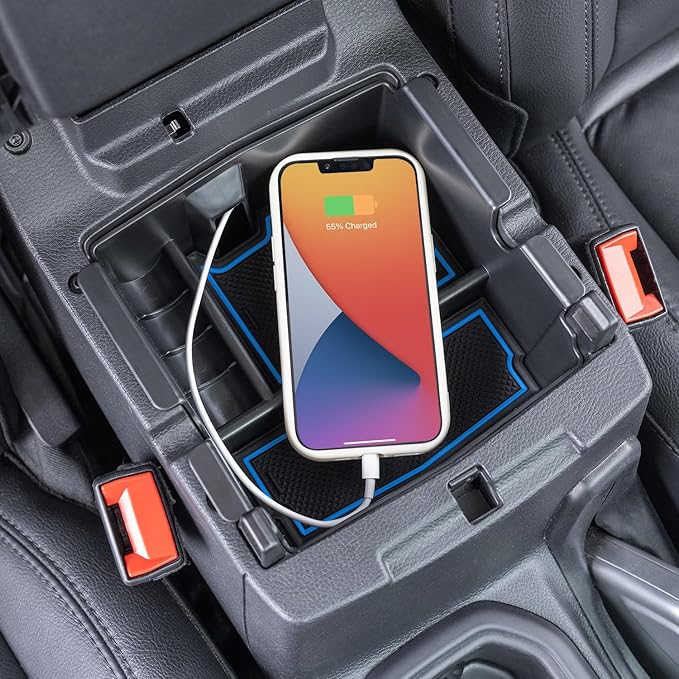 PIMCAR Center Console Organizer for Jeep Wrangler JL/JLU (2018-2026) & Gladiator JT (2020-2026) | Armrest Storage Tray | Interior Accessories (Not for JK/JKU) | Blue Liner Trim