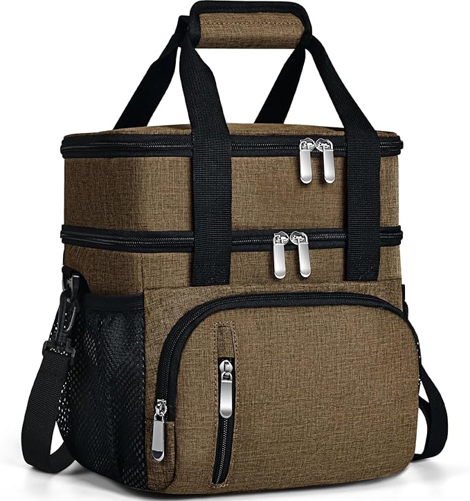 Insulated Lunch Bag for Men & Women, Double Leakproof Lunch Box Soft Cooler Tote with 5 Pockets, 600D Oxford, EVA Lining, Adjustable Strap for Work, Picnic, Beach&Travel-Coffee
