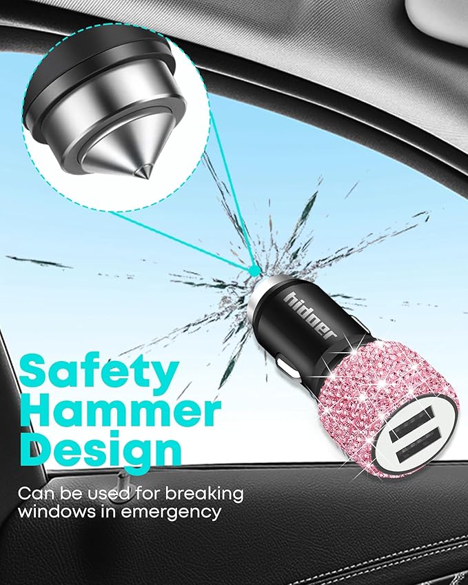Bling USB Car Charger 5V 2.4A Pink Crystal Decor Dual Port Fast Adapter with 4ft Nylon Type C Micro USB 3 in 1 Multi Charging Cable for iPhone iPad Android, Auto Interior Accessories for Women