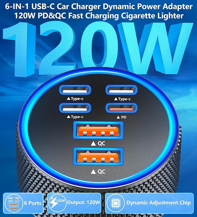 [Apple MFi Certified] iPhone 17 Car Charger, Rombica 6-Port 120W USB-C&USB-A Power Cigarette Lighter PD/QC Multiport Fast Car Charger + Type-C Braided Cord for iPhone 17 Pro/16/15/Galaxy S26/S25/Pixel