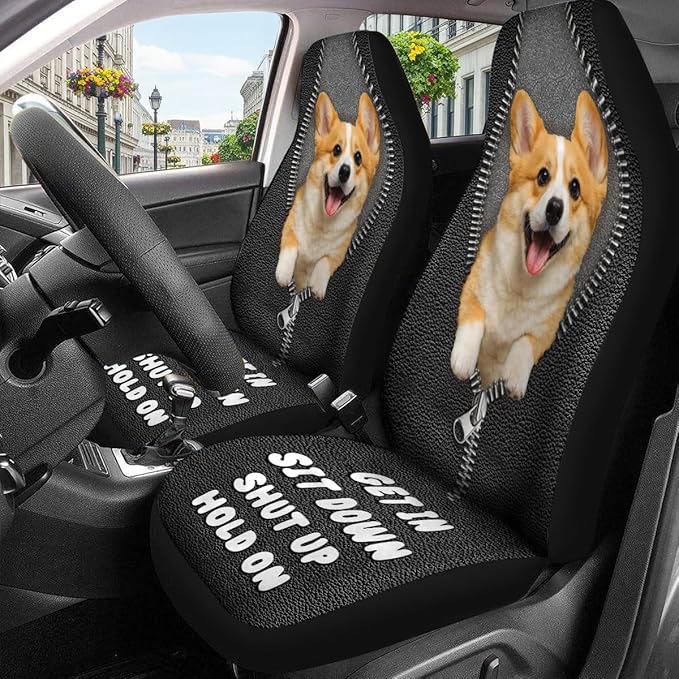 GENANY Cute Corgi Car Seat Covers Set of 2, Breathable Front Seat Covers for Truck Sedan SUV, Dog Themed Car Accessories, Corgi Gift for Women Men