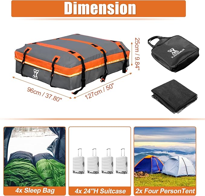X AUTOHAUX 1000D PVC Waterproof Car Roof Bag Rooftop Cargo Carrier Bag Luggage Carriers for Cars with or without Rack Anti-Slip Mat 6 Door Hooks Set Gray - 20 Cubic Feet