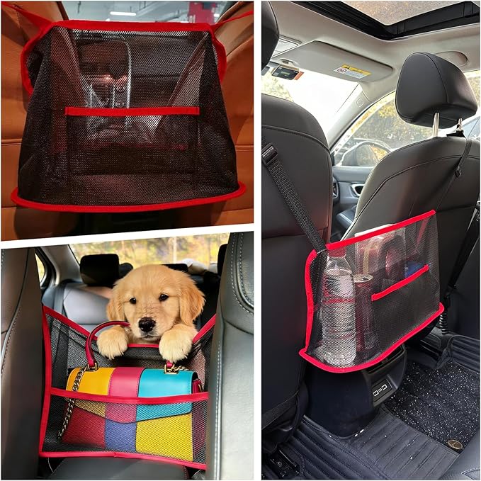 Car Storage Bag, Auto Net Pocket Handbag Holder, Driver Storage Netting Pouch for Document Phone Tissue Purse Storage, Organizer Mesh Bag Between Two Seats, Backseat Pets Barrier, Red