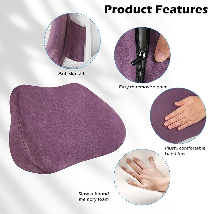 Lumbar Support Pillow for Car, Ergonomic Memory Foam Back Cushion for Driving, Seat Office Chair, Gaming Chair, Lower Back Support for Back Pain Relief, Purple, 1 Pack