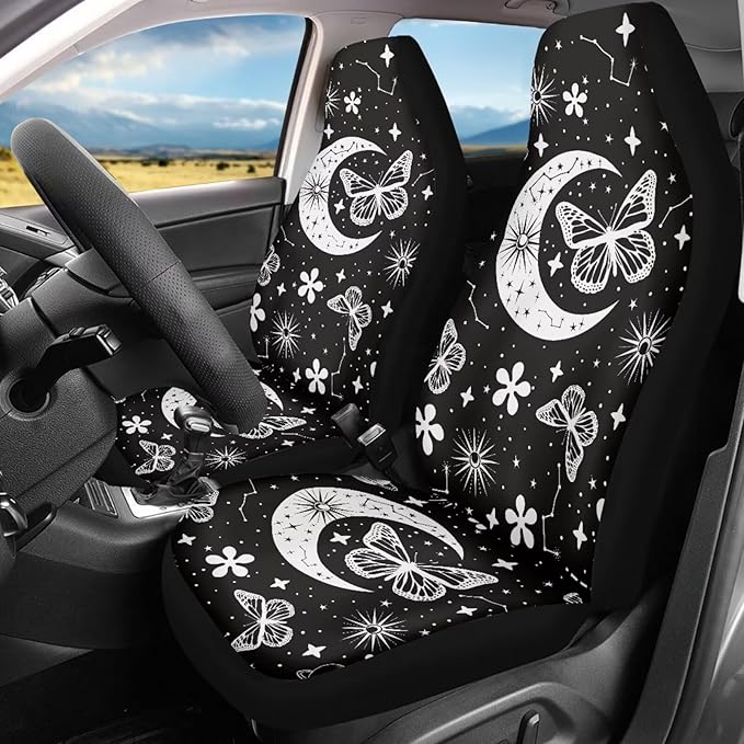BIGCARJOB Moon Butterfly Car Seat Cover Set for Front Seat Only,2 Pack Black Butterfly Auto Front Seat Protector Saddle Blanket for Women Car Interior Accessories