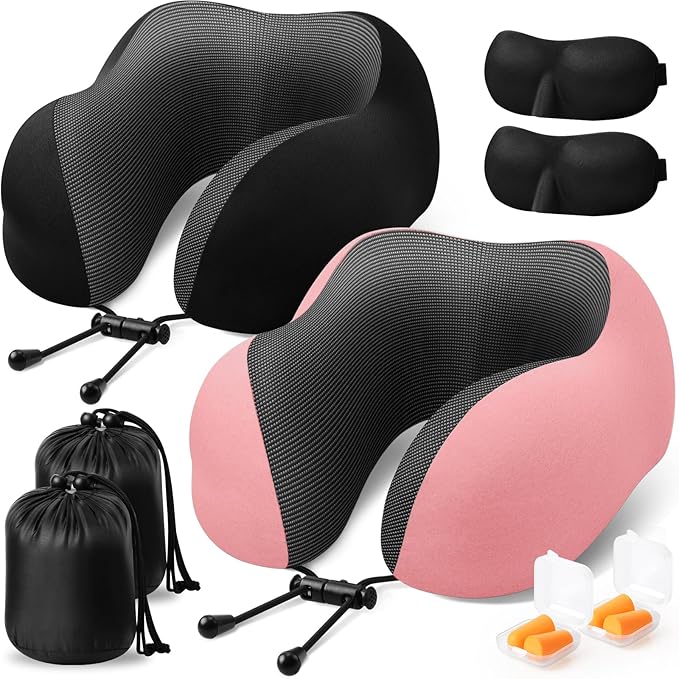 Travel Pillow, 2 Pack Travel Pillows for Sleeping Airplane, Neck Pillow Airplane, Memory Foam Neck Pillow Set with Eye Mask, Earplugs and Storage Bag -Black & Pink