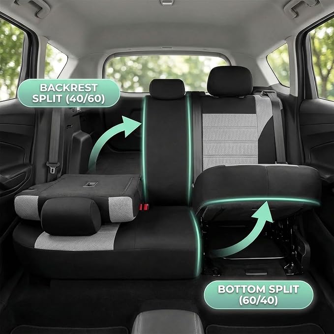 FH Group Automotive Car Seat Covers Full Set Premium 3D Air Mesh Front Seat Covers, Airbag Compatible & Split Bench Cover Universal Fit Interior Accessories for Cars Trucks and SUVs - Gray