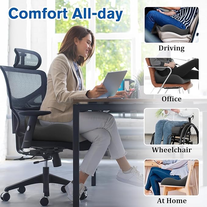 Seat Cushion Office Chair Cushion for Back & Tailbone & Sciatica Pain Relief, Grey Memory Foam Desk Chair Pressure Relief Seat Cushion for Long Sitting Car Drivers, Office Worker