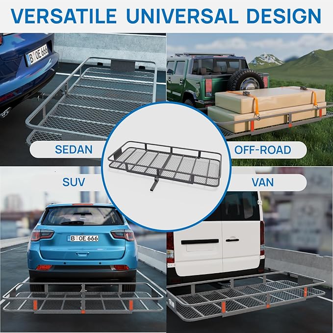TUFFIOM 70"x30"x6" Folding Hitch Mount Cargo Carrier Basket, 500lbs Steel Car Cargo Trailer Hitch Luggage Rack, w/Straps+Stabilizer for SUV Truck Van