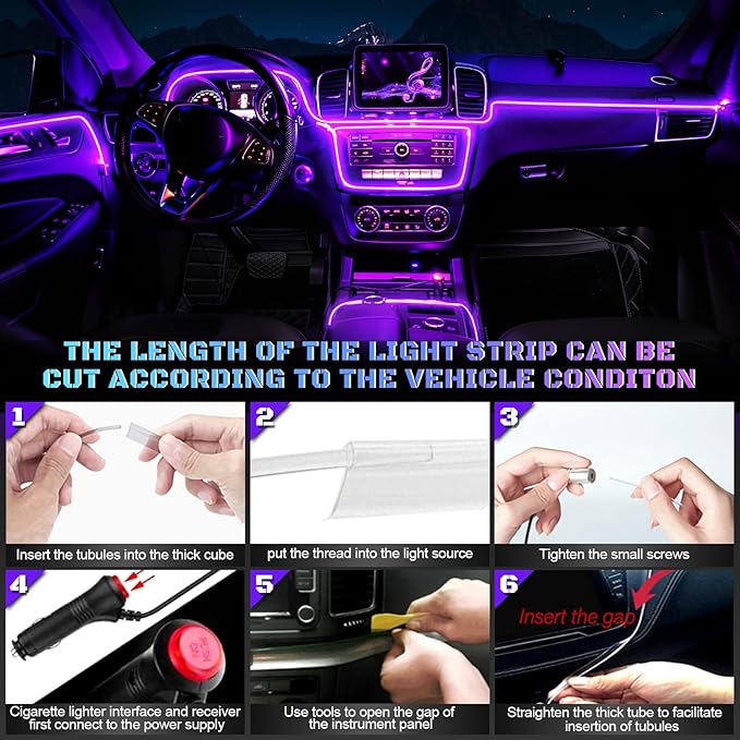 Car LED Interior Strip Light- Wireless Bluetooth APP Control, Multicolor RGB 5 in 1 with 236 inches Fiber Optic Ambient Lighting Kits, 16 Million Colors Sound Active Neon Led Lights Strip for Car