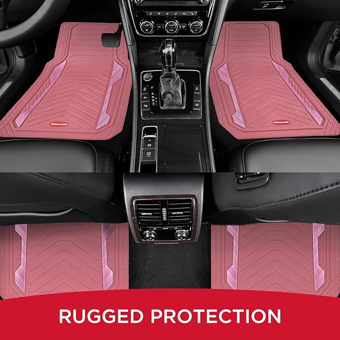 Rubbermaid Car Floor Mat, Heavy Duty All-Weather Car Mats Full Set with Dual-Tone Pink and Sliver Aluminum Inserts – Universal Fit, Anti-Slip Backing, Trim-to-Fit for Most SUV, Sedan, Van